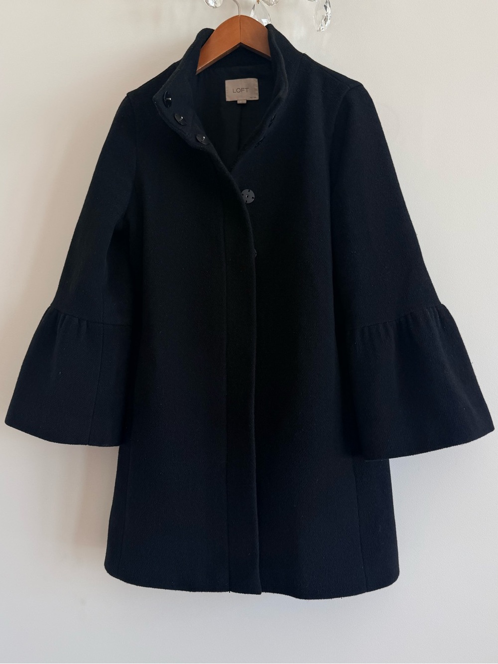 LOFT Black Women's Coat Bell-Sleeve 🧥 Petite Wool Blend A Line Jacket Size MP